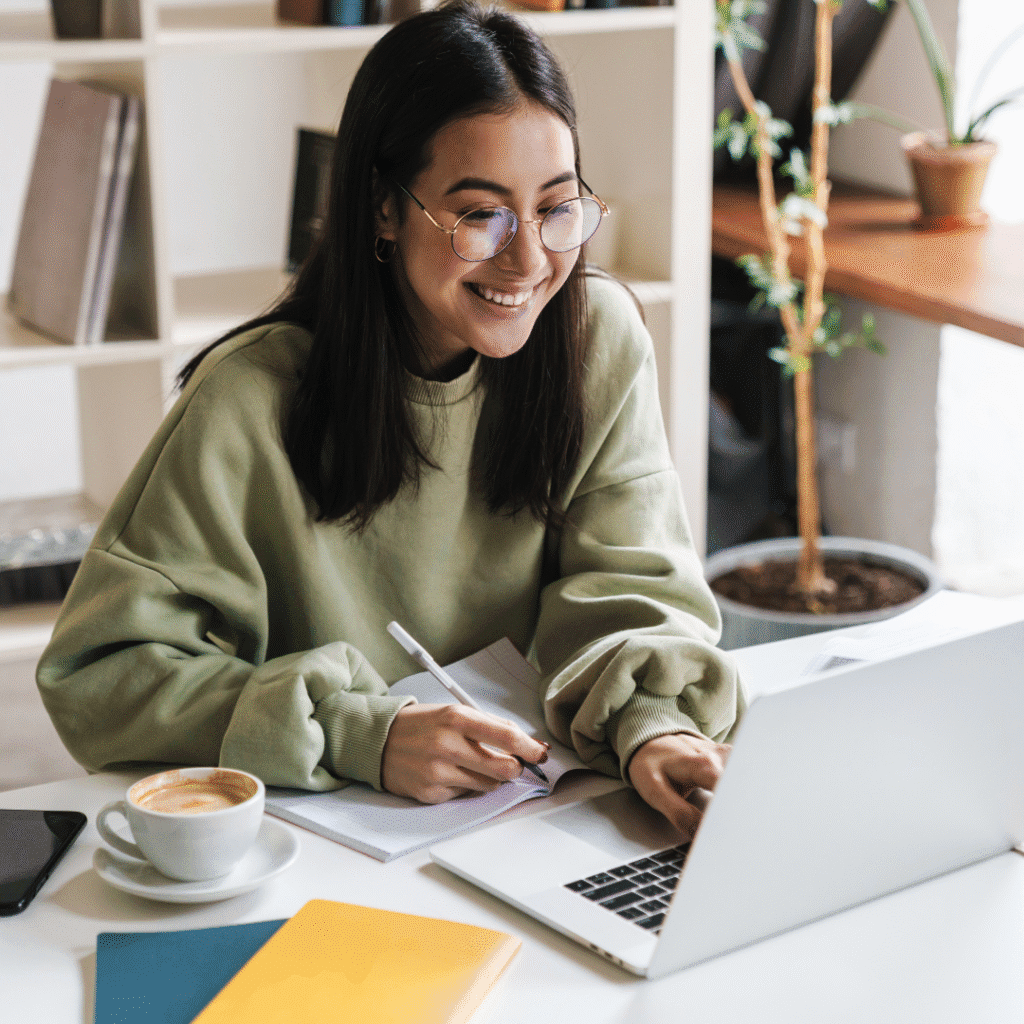 smiling laptop user
